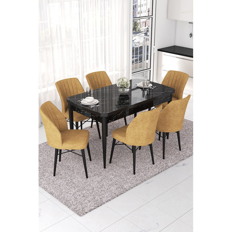 Ensemble de table et chaises de salle à manger moderne extensible (7 pièces), marbre noir et cappuccino, table: 44,9 po x 30,7 po x 27,6 po, chaises: 17,7 po x 35,4 po x 16,5 po | 100% panneau de fibres à densité moyenne avec structure en métal, coussins en mousse confortables, design élégant pour les salles à manger