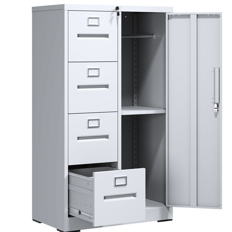 Classeur blanc avec 4 tiroirs et 1 porte pour bureau personnel - Matériau, fonctionnement silencieux, conception stable