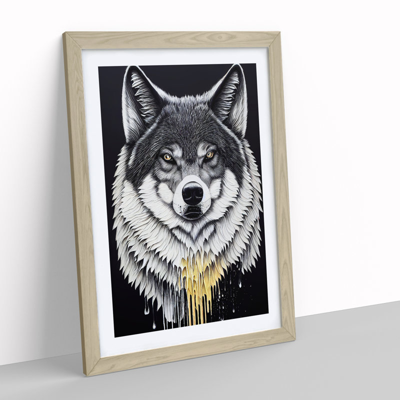 Splashed Wolf No.1 - Wall Art, 34cm H x 25cm W x 2cm D, Oak Framed