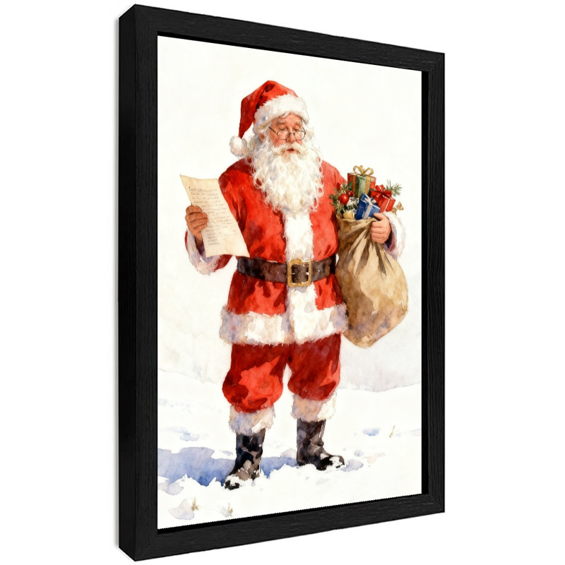 Père Noël noir encadré noir avec poignées de lettres des Fêtes, art mural, réalisme aquarelle, impressions encadrées