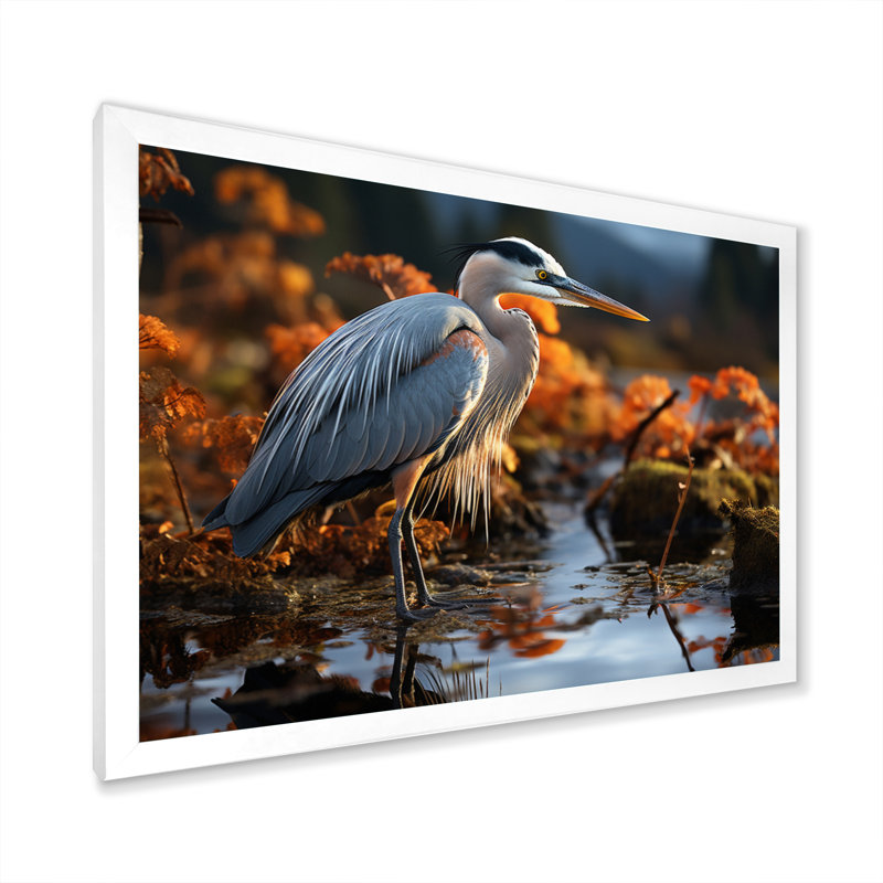 Heron Reflections Of Grace - Animals Wall Art Living Room, H 12 po x l 20 po x P 1 po, Cadre photo blanc