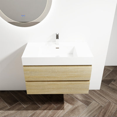 Meuble-lavabo mural 36 po avec lavabo en résine, 2 tiroirs à fermeture en douceur, ensemble KD