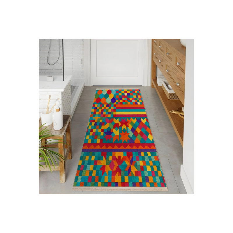 Tapis bleu sarcelle à motif tissé lavable Mosso, 3'3" x 9'10"