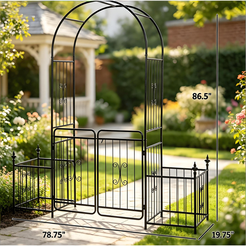 Arche de jardin en métal noir avec barrière et jardinières, treillis de mariage pour plantes grimpantes, H 86,5 po