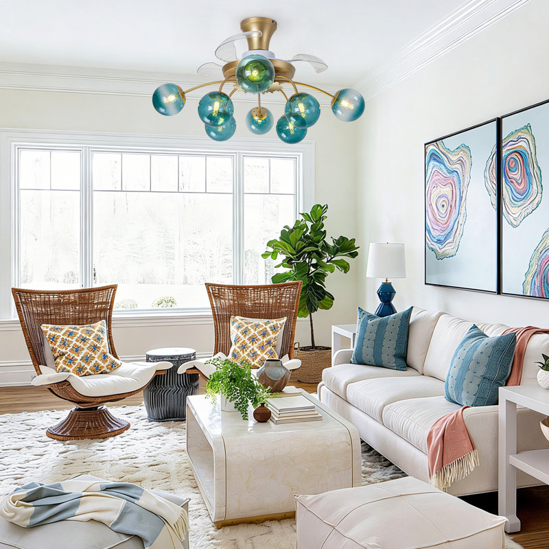 34'' Modern Led Ceiling Light With Integrated Fan And Remote, Gold/Blue