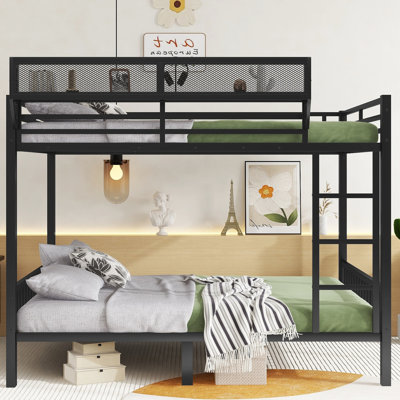 Black Queen Size Metal Bunk Bed With And Storage Shelf, For Adults Teens, Space - Saving, No Wobbling, Wear Finish Over In Black, Featuring , 12.5" High Guardrail, Strong Structure