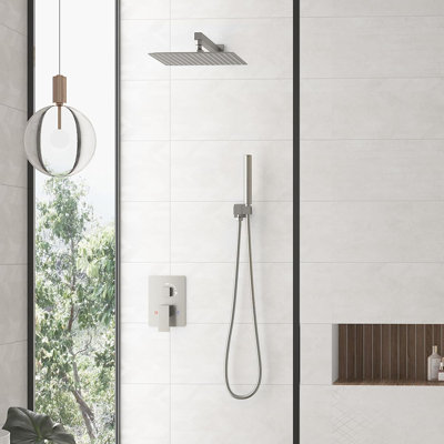 Système de pomme de douche de 12 pouces Hoimpro avec pulvérisateur à main 2-en-1, pomme de douche à pluie haute pression, ensemble de valve de robinet en laiton, - comprend bras de douche, tuyau et support