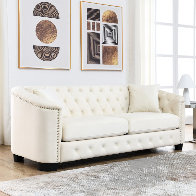 Velours moderne pour 3 sièges, avec dossiers, garniture cloutée et coussins moelleux de couleur beige, 3, Beige