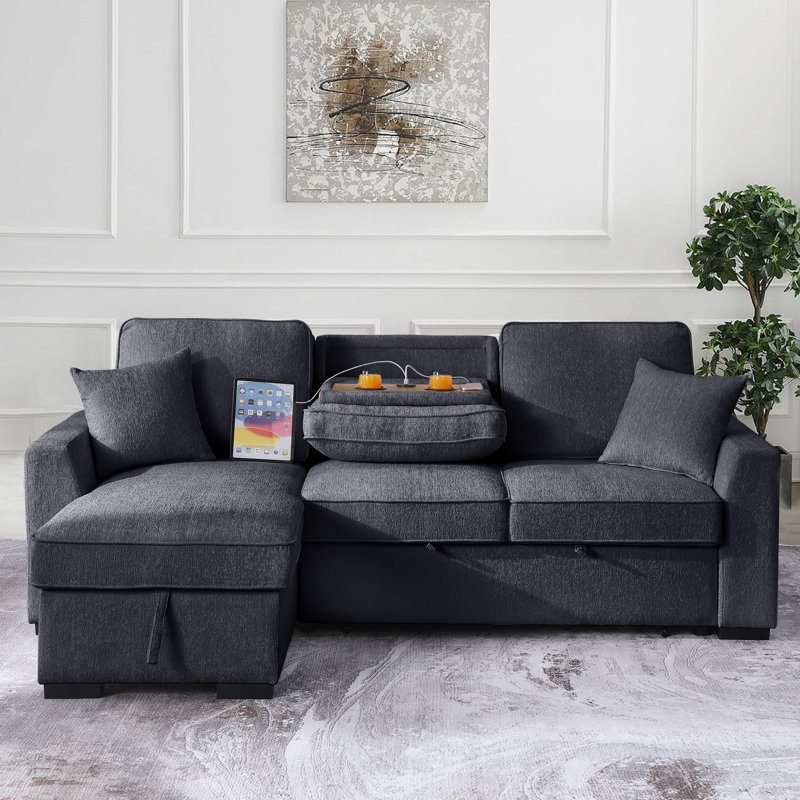 Elfrieda Boneless 92" W Reversible Sleeper Sectional with Storage, Dark Gray Chenille 