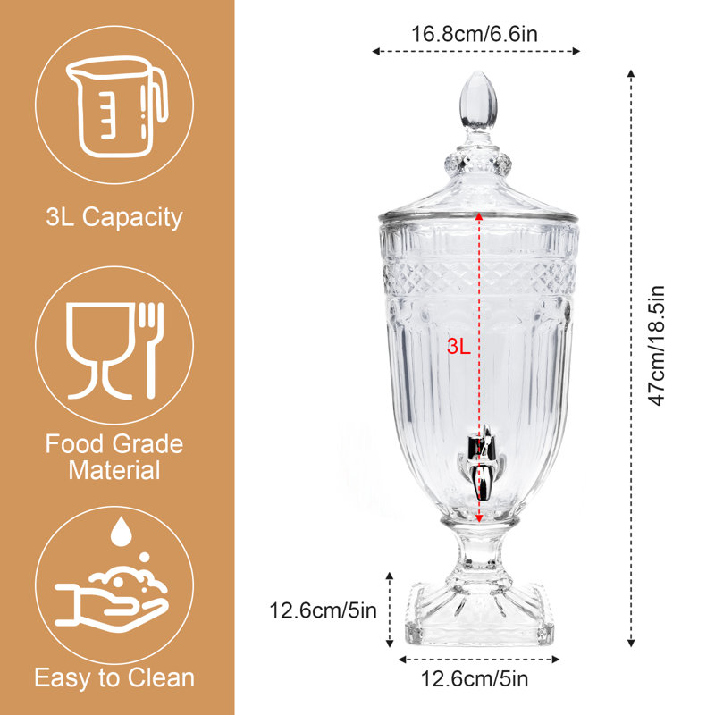3L Beverage Dispenser with Stainless Tap, Glass Drink Dispenser for Parties, Glass Iced Drink Dispenser with Wide Mouth for Party Wedding Home Picnic Birthday