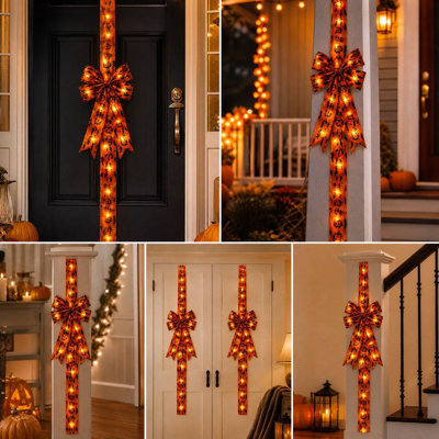 Décoration d'Halloween : nœud lumineux LED. Tissu brodé noir. Décoration de sorcière effrayante avec un nœud.