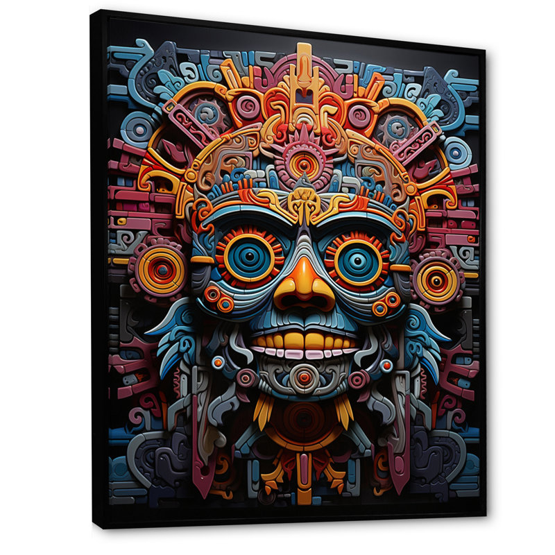 «Albali Teal Orange Mexico Vibrant Aztec Mask», art mural Mexique encadré, Cadre flottant noir, 40" H x 30" W