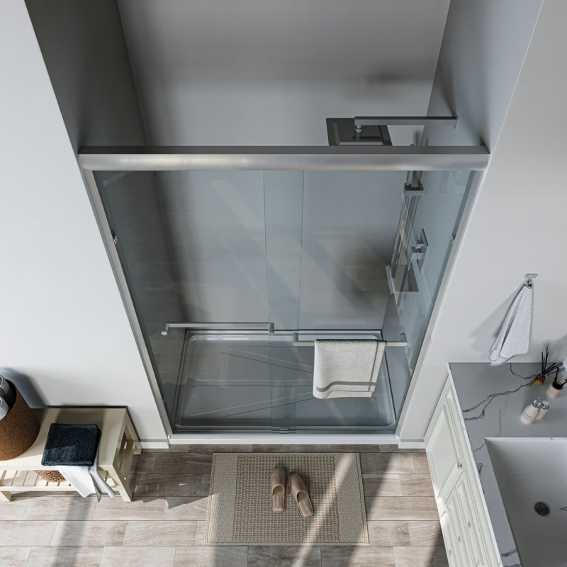46 po à 48 po X P 72 po H Porte de douche coulissante encadrée avec verre transparent, Nickel brossé