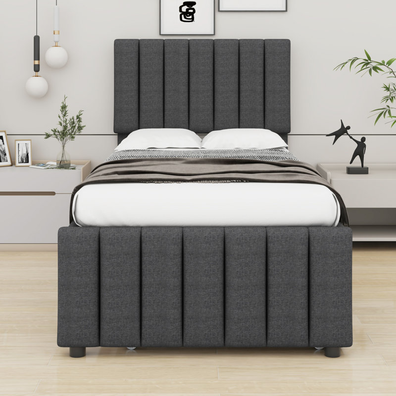 Lit simple avec lit gigogne escamotable et 3 tiroirs de rangement en dessous, lit plateforme simple tapissier en lin, gris