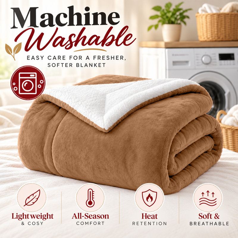 Jeté réversible en molleton Sherpa - Microplush ultra doux, chaleur toutes saisons, lavable à la machine, Camel