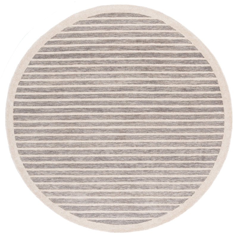 Ebony Hand Tufted Wool/Cotton Striped Rug in Grey/Ivory, Round 6'