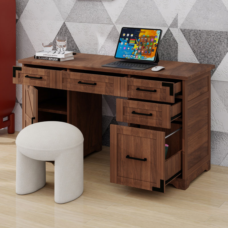 Table d'écriture, prises de courant, tiroirs multiples et armoire de rangement Vintage Farmhouse, Walnut