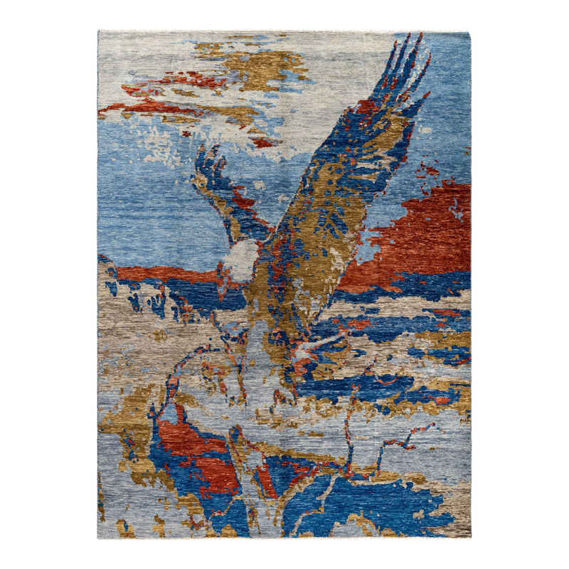 Tapis moderne fait à la main de conception unique - bleu, 9 pi 0 po x 12 pi 0 po