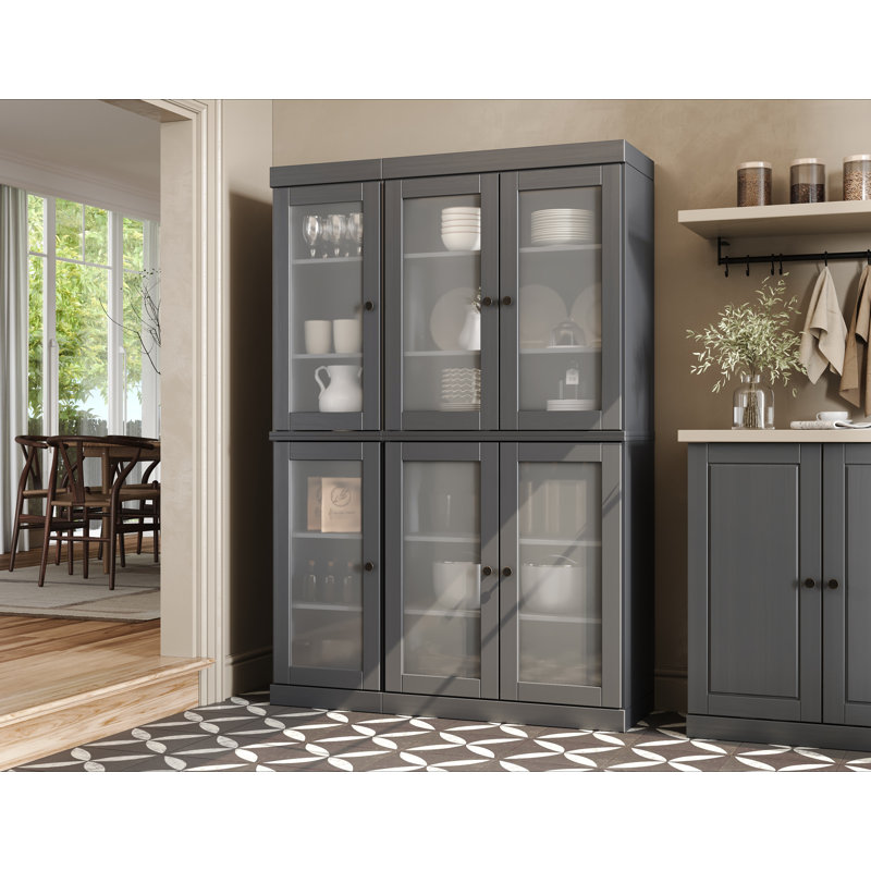 100% Solid Wood 48.5" Pantry China Cabinet with Frosted Glass Doors and Adjustable Shelves, Gray