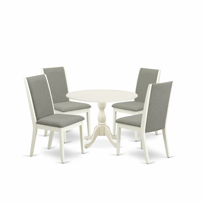 5 Piece Dining Room Furniture Set Includes a Round Dining Table with Dropleaf and 4 Shitake Linen Fabric Upholstered Parson Chairs, 42x42 Inch, Linen White
