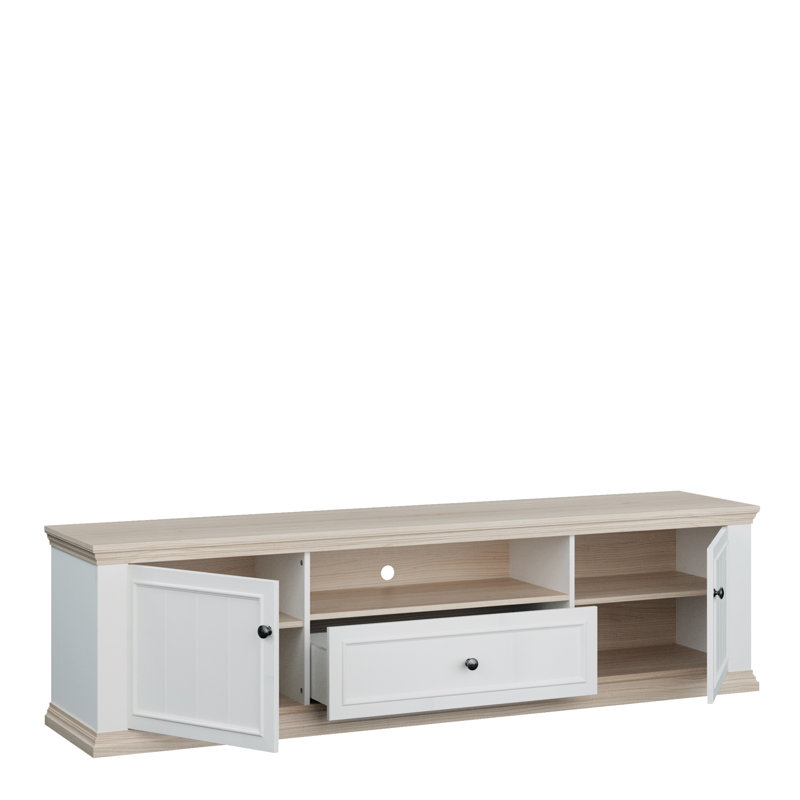 Pontypool Wide TV Unit with 2 Doors, Drawer & Open Shelf, White/Riva Oak
