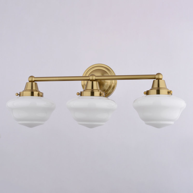 Eastgate 3-Light 23 in. Wide Antique Gold Traditional Bathroom Vanity Lighting Fixture, White Frosted Opal Glass Shade, Dimmable, LED Compatible, Over the Mirror Mounted Steel Wall Sconce