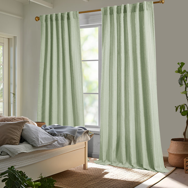 Tufted Stripe Linen Modern Farmhouse Room Darkening Curtains (Set of 2), 45" W x 52" L, Green