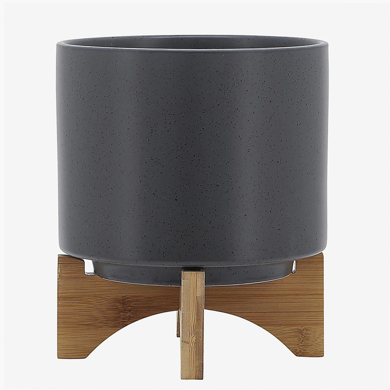 Jardinière 8 po avec support en bois, gris mat, H 9 po x l 8 po x P 8 po