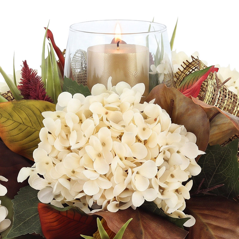 Fall Candleholder Centerpiece with Hydrangeas and Thistle