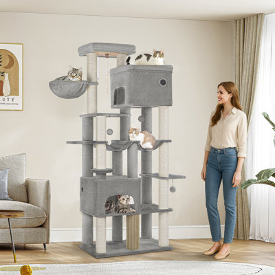 79.9 inch Cat Tree for Indoor Cats, Multi-Layer Scratching Post with Large Platform, 2 Caves, 7 Sisal Posts, Pompoms, Cat Basket, Hammock, Suitable for Cats, Light Gray