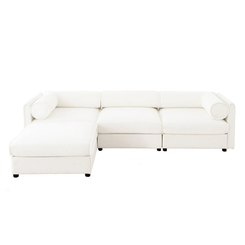 Élégant canapé avec siège de rangement et repose-pieds, canapé en L à 3 places, Blanc