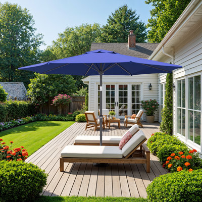 Parasol d'extérieur 9 'avec tissu en polyester bleu marine, parapluie de patio avec nervures en acier Parasol de table de marché avec bouton-poussoir inclinable et manivelle imperméable