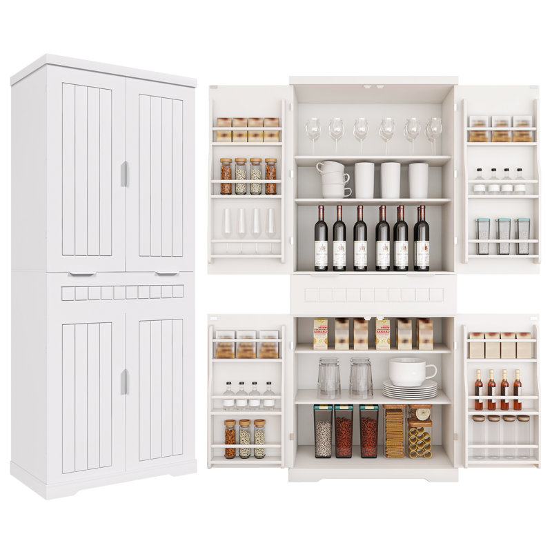 Pantry Cabinet, 71.65" Tall Storage Cabinet With Drawer, 2 Cabinets & 6 Door Shelves, Adjustable Shelves, Freestanding Cupboard For Kitchen, Living Room, Bathroom, Farmhouse Style, White