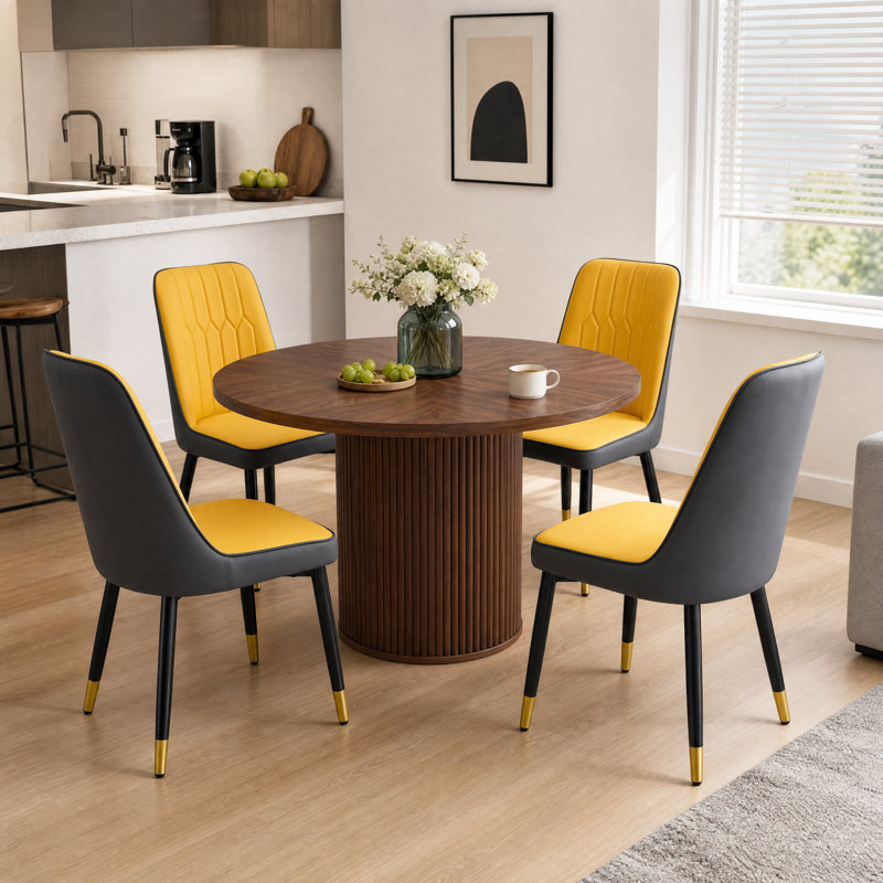 Ensemble de table de salle à manger 5 pièces en noyer avec piédestal caché, Orange / gris foncé