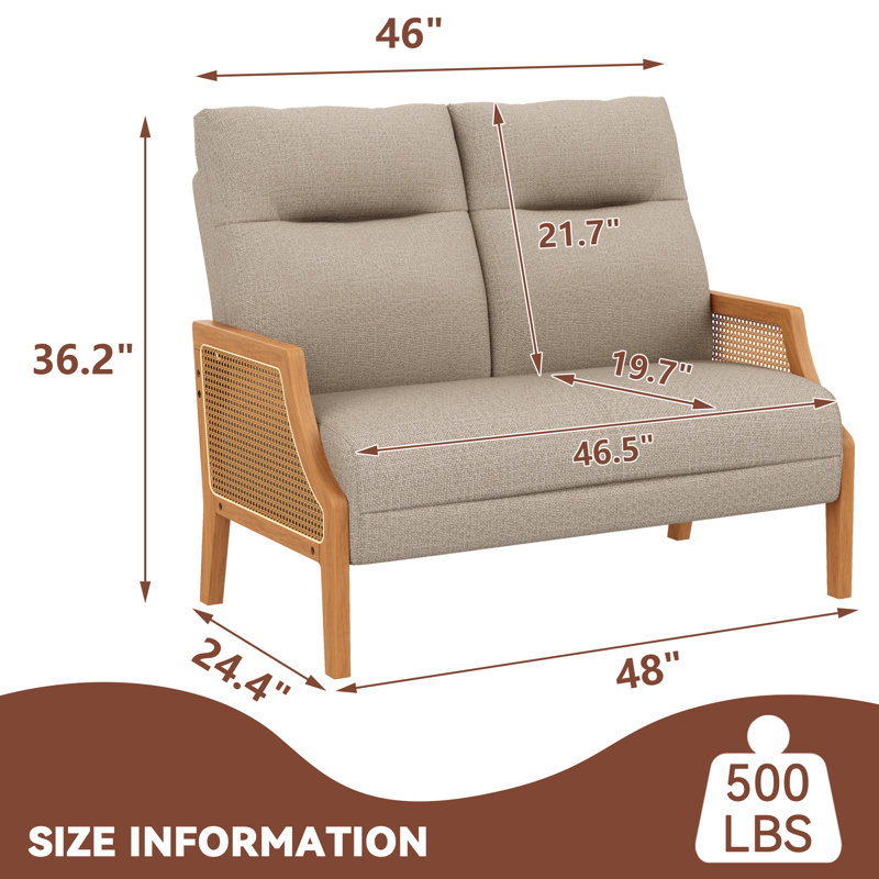 48" Upholstered Loveseat Sofa With Rattan Arms, Taupe