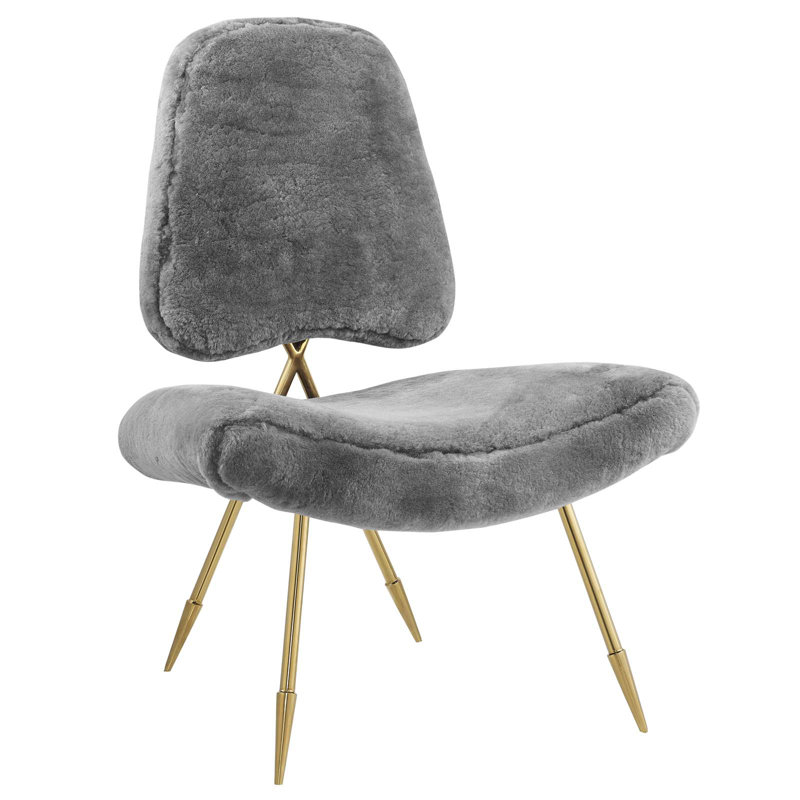 Ponder Upholstered Sheepskin Fur Lounge Chair, Gray Performance Velvet