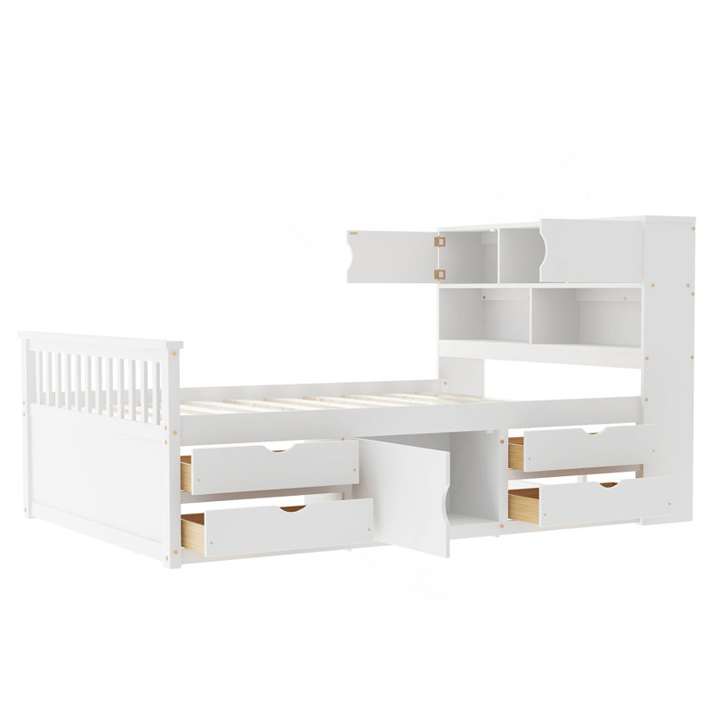 Structure de lit plateforme double pleine grandeur avec bibliothèques de rangement et tablettes, quatre tiroirs, blanc