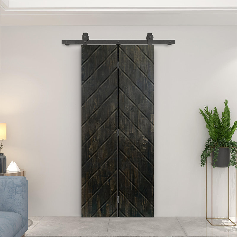 Porte de grange pliante en bois de pin teinté avec quincaillerie coulissante, Noir anthracite, 24 po x 84 po