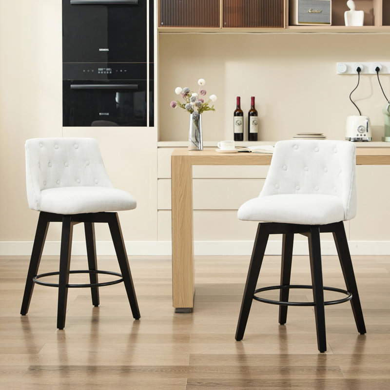 Tabouret de bar rotatif 25 po de 2 - hauteur de comptoir rembourrée en lin moderne avec dossier à boutons. Structure en bois massif, pivotant à 360 ° lisse comme le beurre. Pieds réglables pour les planchers inégaux. Grand îlot de cuisine, petit-déjeuner