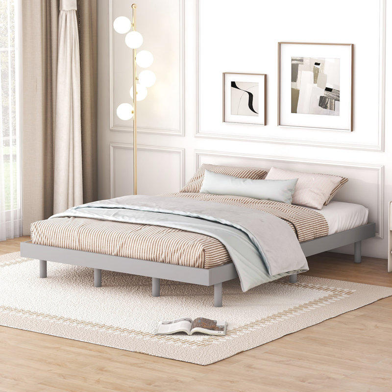 Grand lit gris avec structure flottante stable - Composé de contreplaqué élégant et durable