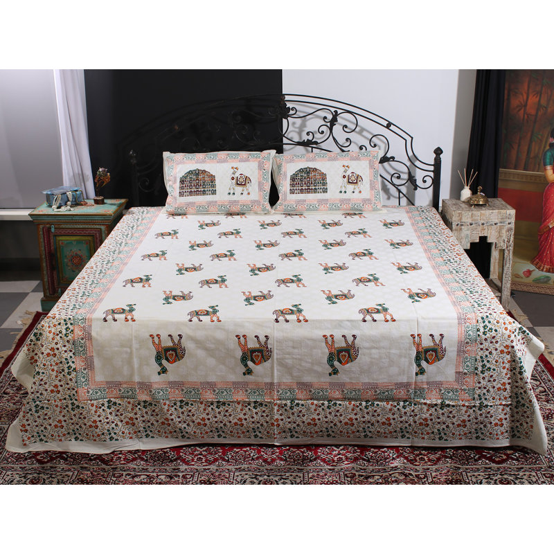 Cream Multicolor Camel Vine Handblock Printed 100% Cotton Queen Size Bedsheet Set – Indian Ethnic Boho Bedding, 2 Pillow Covers