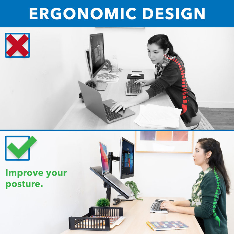 Adjustable Black Dual Laptop and Monitor Desk Mount with Ventilated Tray