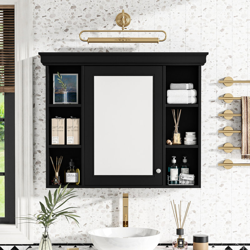 Armoire à pharmacie murale noire de 90,2 cm x 17,7 cm x 71,5 cm, idéale pour la salle de bain. Grand espace de rangement, charnières de porte réglables à fermeture douce, tablette en hauteur, style champêtre, avec miroir.