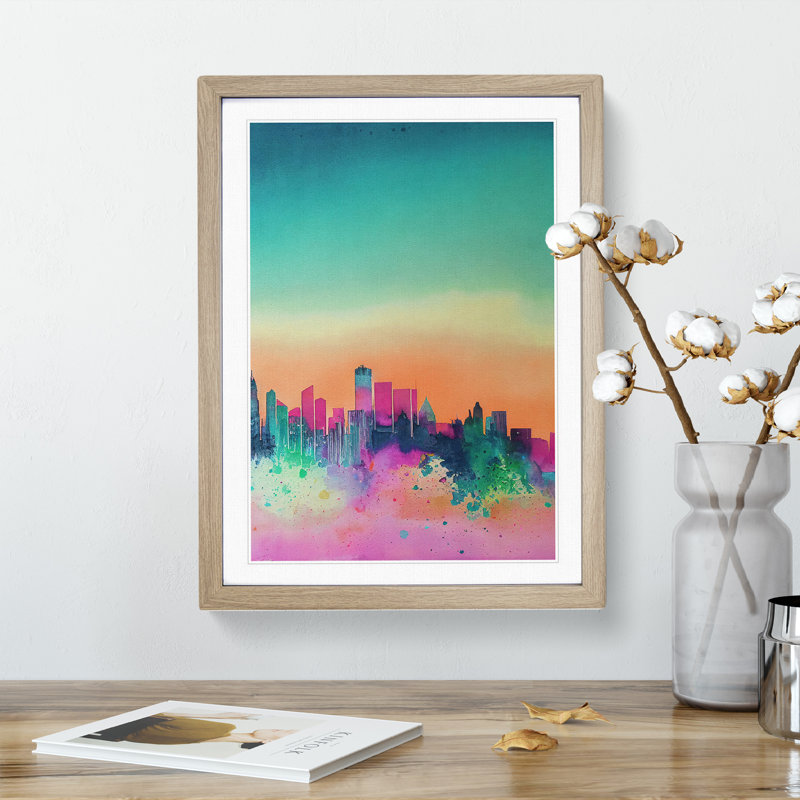 XV1022-3150X Paint Drip City Skyline No.2 Abstract - Single Picture Frame Print, 64cm H x 46cm W x 2cm D, Oak