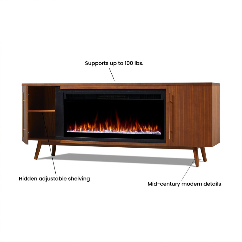 Meuble télé Mid-Century 72 po avec foyer électrique Morris par Real Flame, Érable noir vintage, Intelligent