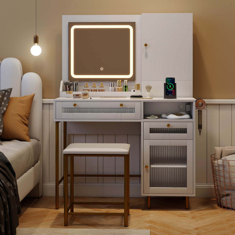 Ensemble de coiffeuse avec miroir et lumières 3 modes d'éclairage et luminosité réglable