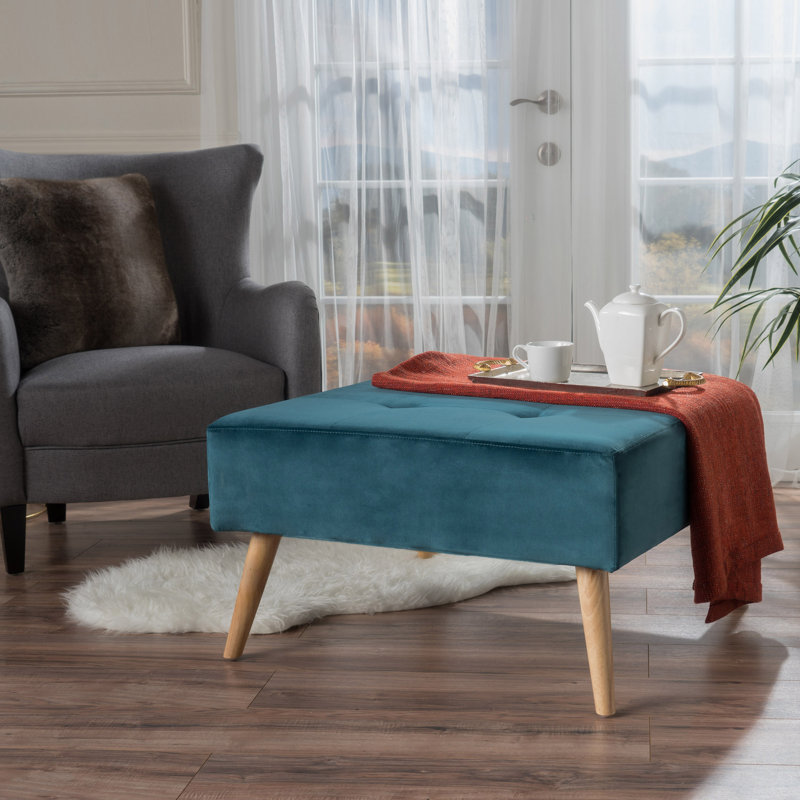 Teejay Cocktail Upholstered Ottoman with Tufted Top, Dark Teal Polyester Blend