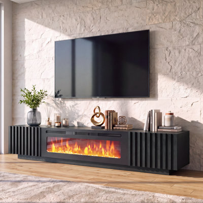 95" Fluted Fireplace TV Stand for TVs up to 100", TV Stand with Electric Fireplace, Entertainment Center with Storage Cabinets, Adjustable Shelves & Built-in Outlet, Black