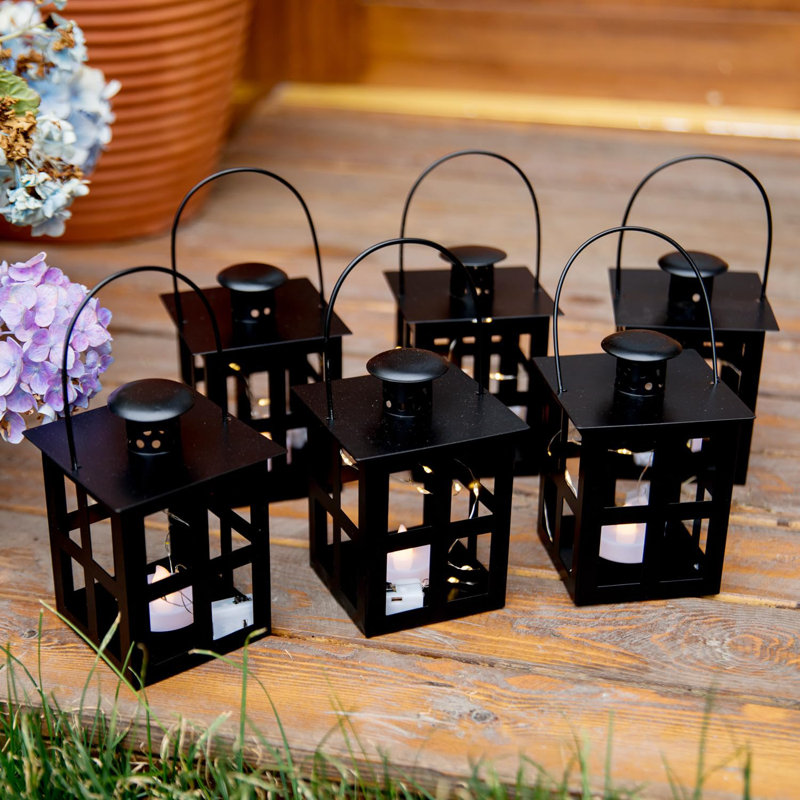 Lantern 6pcs Modern Farmhous Candle Lanterns Decorative with LED & String, Black