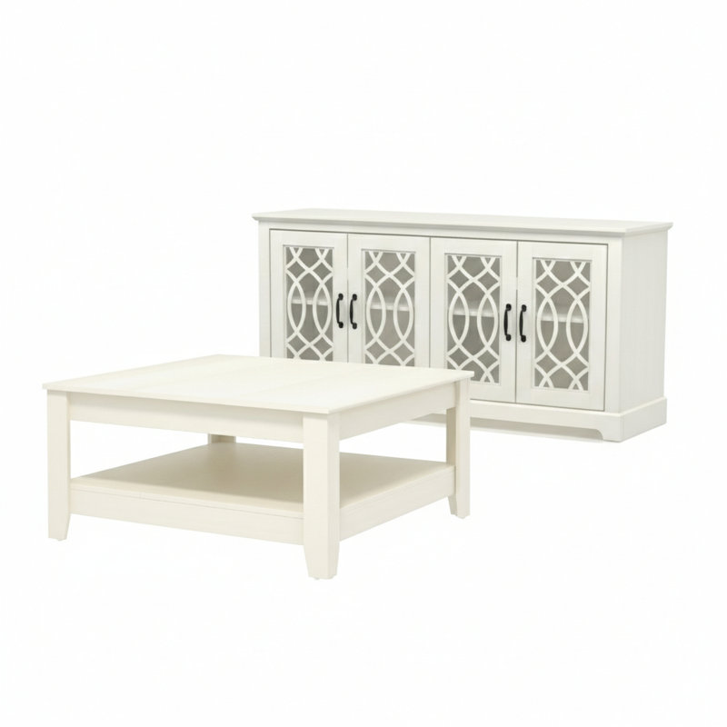 Weddel Basilico Transitional 2 Piece Living Room Media And Coffee Table Set, Ivory, Ivory